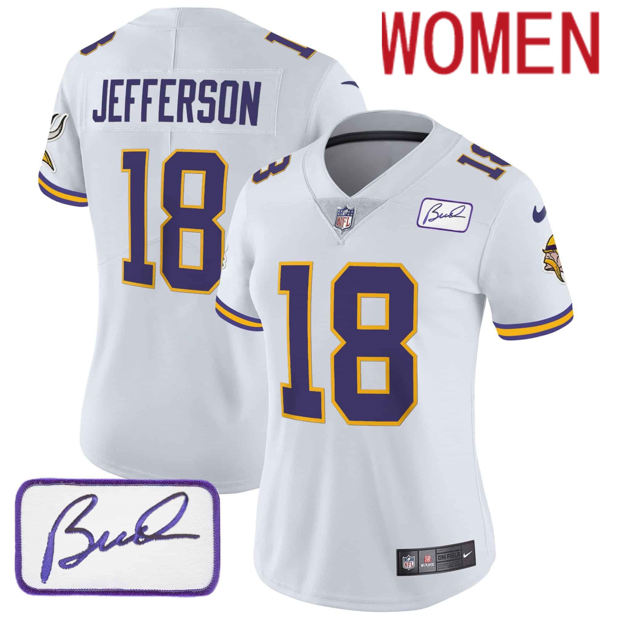 Women Minnesota Vikings 18 Jefferson White 2024 Nike Bud Grant Patch Classic Limited NFL Jersey style 1